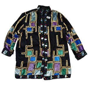 Razzle Dazzle Women's Jacket Black Pure Silk Beaded Sequin Geometric Vintage